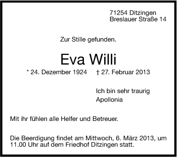 Traueranzeige von Eva Willi von Leonberger Kreiszeitung / Strohgäu Extra