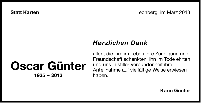  Traueranzeige für Oscar Günter vom 05.03.2013 aus Leonberger Kreiszeitung / Strohgäu Extra