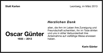 Traueranzeige von Oscar Günter von Leonberger Kreiszeitung / Strohgäu Extra