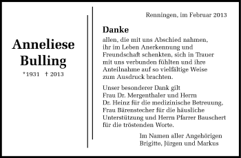 Traueranzeige von Anneliese Bulling von Leonberger Kreiszeitung / Strohgäu Extra