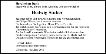 Traueranzeige von Hedwig Stuber von Leonberger Kreiszeitung / Strohgäu Extra