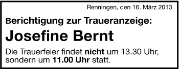 Traueranzeige von Josefine Bernt von Leonberger Kreiszeitung / Strohgäu Extra