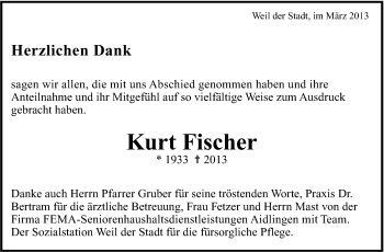Traueranzeige von Kurt Fischer von Leonberger Kreiszeitung / Strohgäu Extra