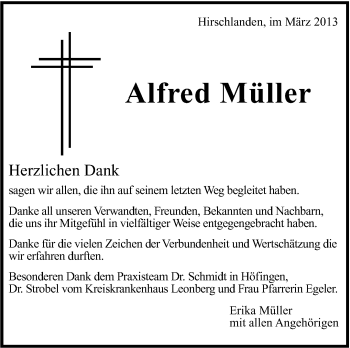 Traueranzeige von Alfred Müller von Leonberger Kreiszeitung / Strohgäu Extra
