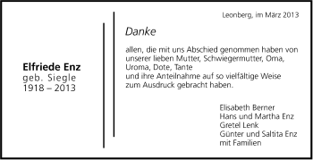 Traueranzeige von Elfriede Enz von Leonberger Kreiszeitung / Strohgäu Extra