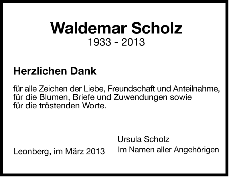  Traueranzeige für Waldemar Scholz vom 28.03.2013 aus Leonberger Kreiszeitung / Strohgäu Extra