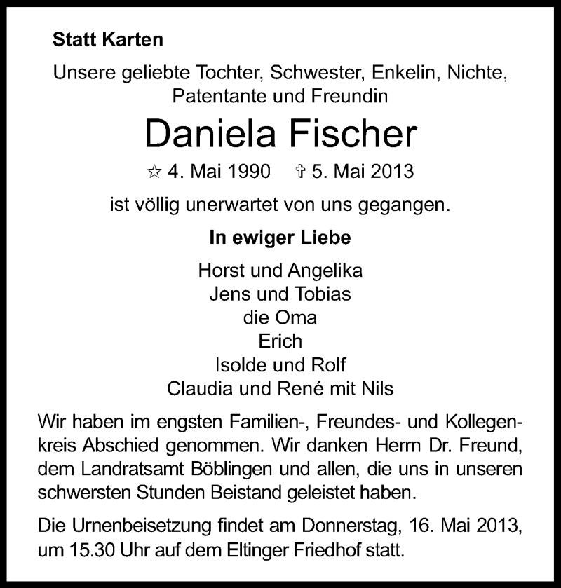  Traueranzeige für Daniela Fischer vom 14.05.2013 aus Stuttgarter Zeitung / Stuttgarter Nachrichten