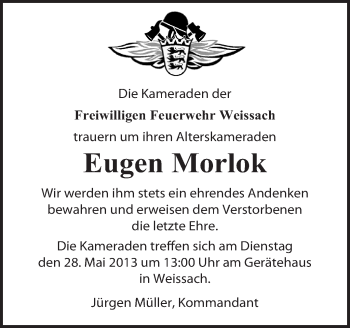 Traueranzeige von Eugen Morlok von Leonberger Kreiszeitung / Strohgäu Extra