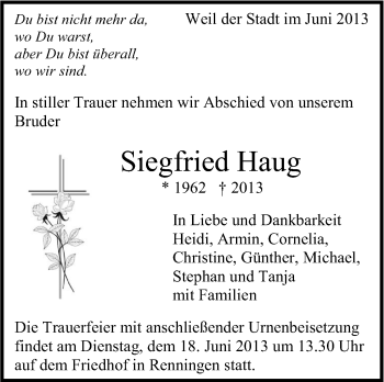 Traueranzeige von Siegfried Haug von Leonberger Kreiszeitung / Strohgäu Extra