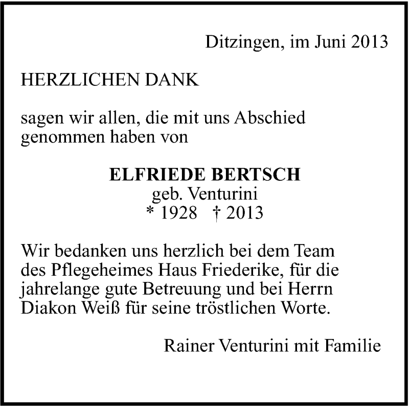  Traueranzeige für Elfriede Bertsch vom 13.06.2013 aus Leonberger Kreiszeitung / Strohgäu Extra
