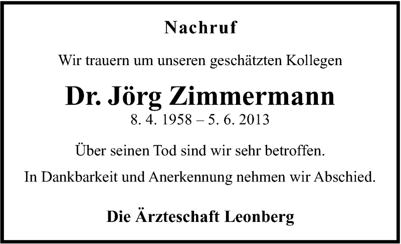  Traueranzeige für Jörg Zimmermann vom 15.06.2013 aus Stuttgarter Zeitung / Stuttgarter Nachrichten