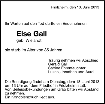 Traueranzeige von Else Gall von Leonberger Kreiszeitung / Strohgäu Extra