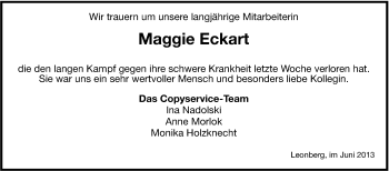 Traueranzeige von Maggie Eckart von Leonberger Kreiszeitung / Strohgäu Extra