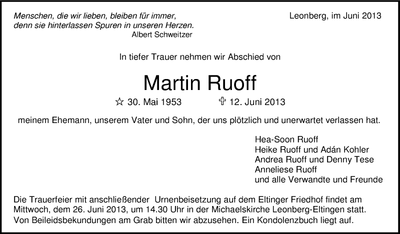  Traueranzeige für Martin Ruoff vom 21.06.2013 aus Stuttgarter Zeitung / Stuttgarter Nachrichten