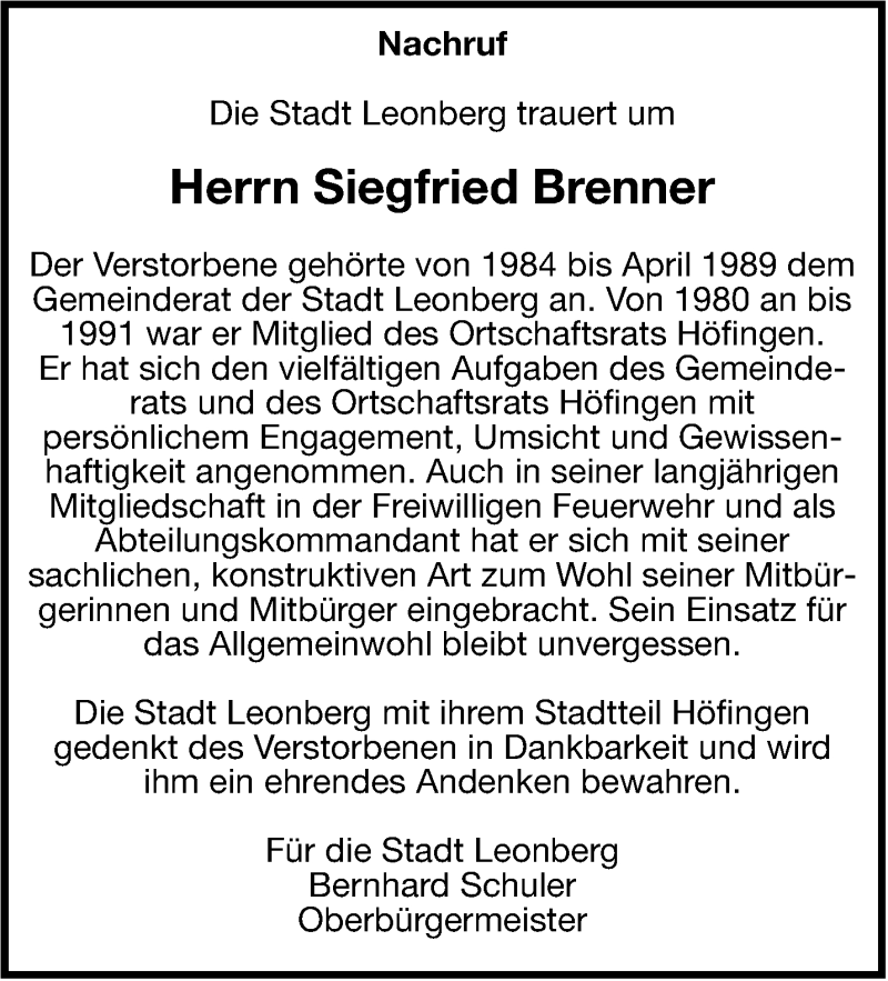  Traueranzeige für Siegfried Brenner vom 29.06.2013 aus Leonberger Kreiszeitung / Strohgäu Extra