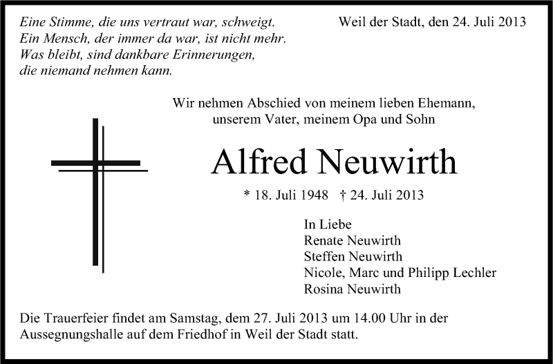  Traueranzeige für Alfred Neuwirth vom 25.07.2013 aus Leonberger Kreiszeitung / Strohgäu Extra