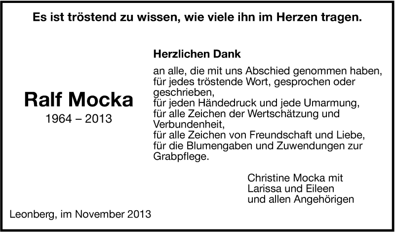  Traueranzeige für Ralf Mocka vom 05.11.2013 aus Leonberger Kreiszeitung / Strohgäu Extra