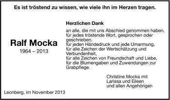 Traueranzeige von Ralf Mocka von Leonberger Kreiszeitung / Strohgäu Extra