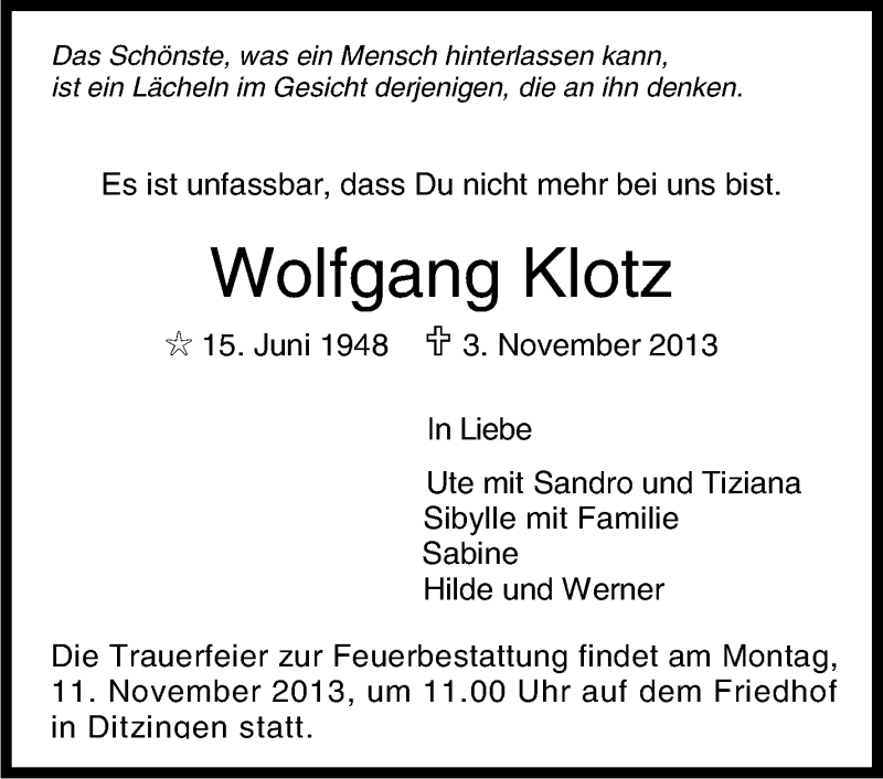  Traueranzeige für Wolfgang Klotz vom 07.11.2013 aus Stuttgarter Zeitung / Stuttgarter Nachrichten