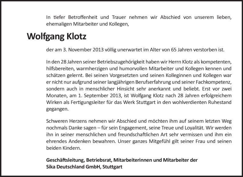  Traueranzeige für Wolfgang Klotz vom 07.11.2013 aus Stuttgarter Zeitung / Stuttgarter Nachrichten
