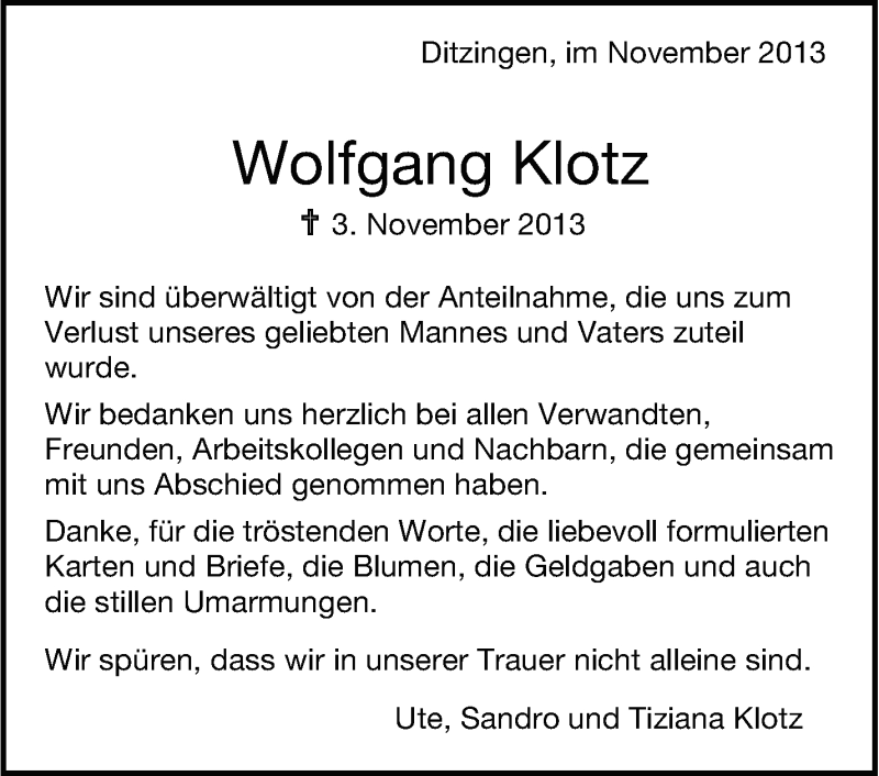  Traueranzeige für Wolfgang Klotz vom 28.11.2013 aus Stuttgarter Zeitung / Stuttgarter Nachrichten