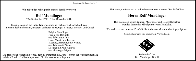  Traueranzeige für Rolf Mundinger vom 18.12.2013 aus Stuttgarter Zeitung / Stuttgarter Nachrichten