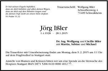 Traueranzeige von Jörg Ißler von Stuttgarter Zeitung / Stuttgarter Nachrichten