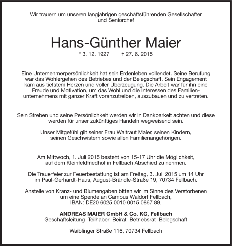  Traueranzeige für Hans-Günther Maier vom 30.06.2015 aus Stuttgarter Zeitung / Stuttgarter Nachrichten