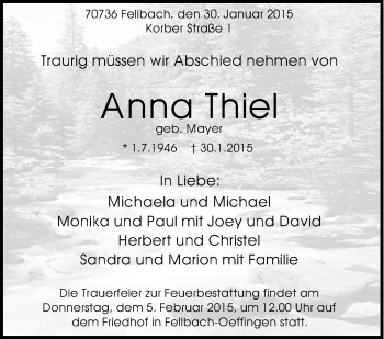 Traueranzeige von Anna Thiel von Stuttgarter Zeitung / Stuttgarter Nachrichten