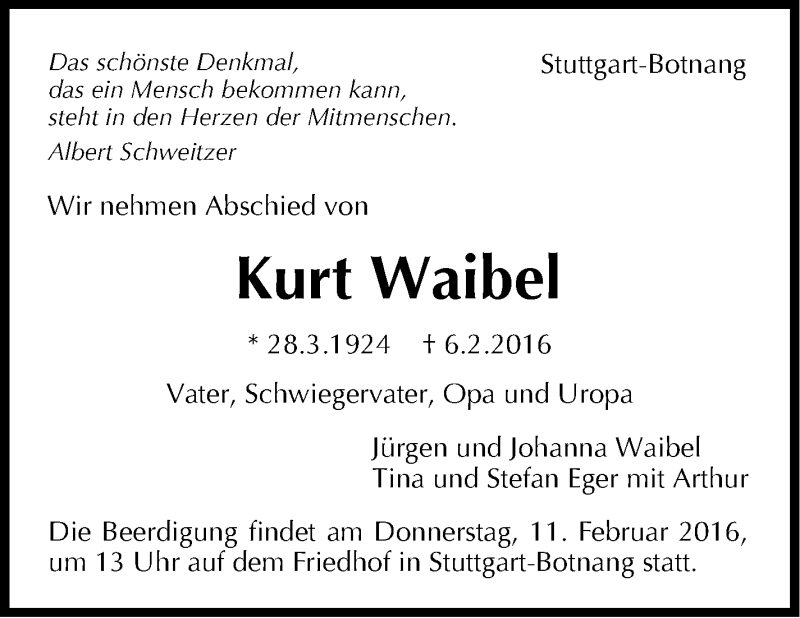  Traueranzeige für Kurt Waibel vom 09.02.2016 aus Stuttgarter Zeitung / Stuttgarter Nachrichten