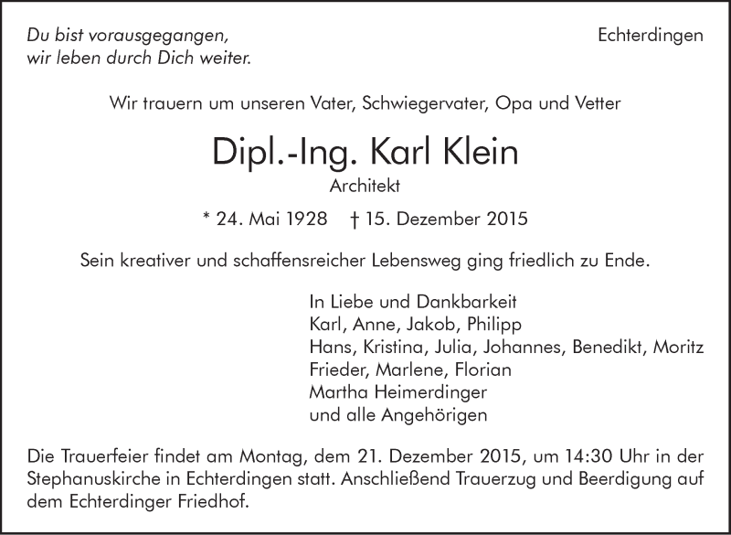  Traueranzeige für Karl Klein vom 17.12.2015 aus Stuttgarter Zeitung / Stuttgarter Nachrichten