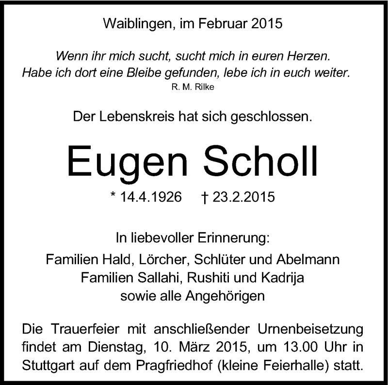  Traueranzeige für Eugen Scholl vom 05.03.2015 aus Stuttgarter Zeitung / Stuttgarter Nachrichten