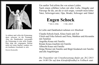 Traueranzeige von Eugen Schock von Stuttgarter Zeitung / Stuttgarter Nachrichten