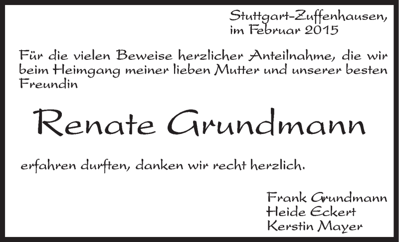  Traueranzeige für Renate Grundmann vom 20.02.2015 aus Stuttgarter Zeitung / Stuttgarter Nachrichten