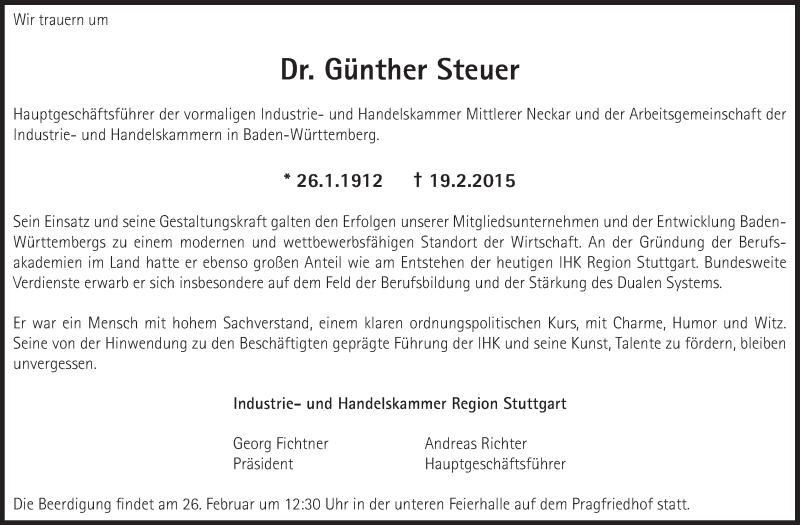  Traueranzeige für Günther Steuer vom 24.02.2015 aus Stuttgarter Zeitung / Stuttgarter Nachrichten
