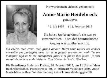 Traueranzeige von Anne-Marie Heidebreck von Stuttgarter Zeitung / Stuttgarter Nachrichten