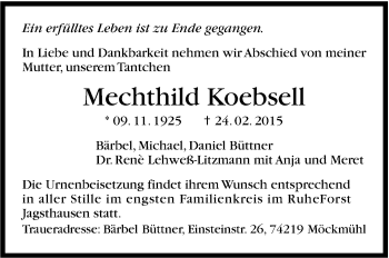 Traueranzeige von Mechthild Koebsell von Stuttgarter Zeitung / Stuttgarter Nachrichten