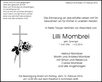 Traueranzeige von Lilli Mombrei von Stuttgarter Zeitung / Stuttgarter Nachrichten