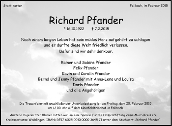 Traueranzeige von Richard Pfander von Stuttgarter Zeitung / Stuttgarter Nachrichten