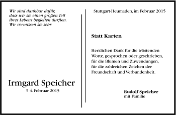 Traueranzeige von Irmgard Speicher von Stuttgarter Zeitung / Stuttgarter Nachrichten