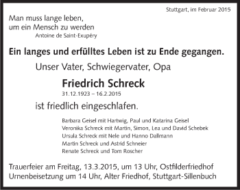 Traueranzeige von Friedrich Schreck von Stuttgarter Zeitung / Stuttgarter Nachrichten