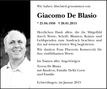 Traueranzeige von Giacomo De Blasio von Stuttgarter Zeitung / Stuttgarter Nachrichten
