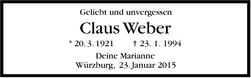  Traueranzeige für Claus Weber vom 23.01.2015 aus Stuttgarter Zeitung / Stuttgarter Nachrichten