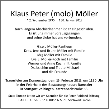 Traueranzeige von Klaus Peter Möller von Stuttgarter Zeitung / Stuttgarter Nachrichten