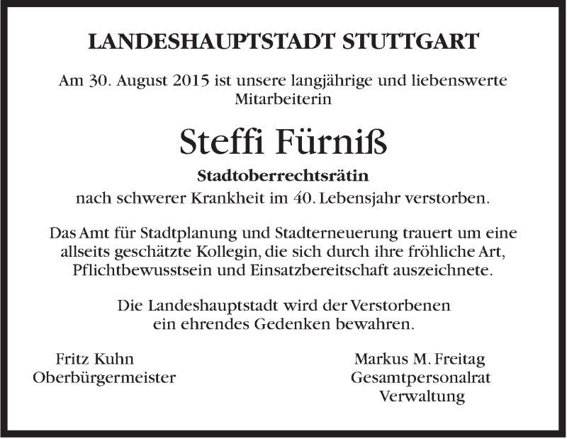  Traueranzeige für Steffi Fürniß vom 01.09.2015 aus Stuttgarter Zeitung / Stuttgarter Nachrichten