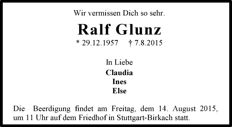  Traueranzeige für Ralf Glunz vom 11.08.2015 aus Stuttgarter Zeitung / Stuttgarter Nachrichten