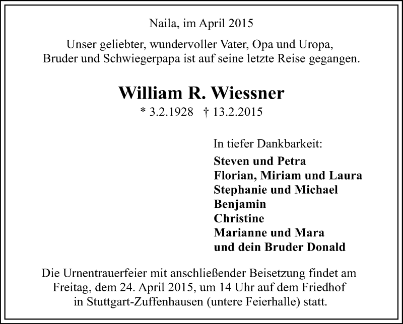  Traueranzeige für William Wiessner vom 20.04.2015 aus Stuttgarter Zeitung / Stuttgarter Nachrichten