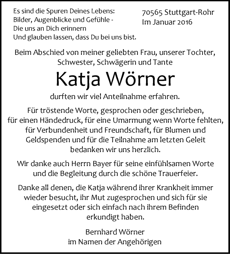  Traueranzeige für Katja Wörner vom 12.01.2016 aus Stuttgarter Zeitung / Stuttgarter Nachrichten