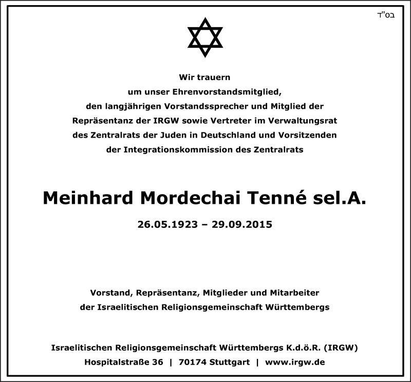  Traueranzeige für Meinhard Mordechai  Tenné vom 01.10.2015 aus Stuttgarter Zeitung / Stuttgarter Nachrichten