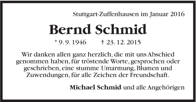  Traueranzeige für Bernd Schmid vom 27.01.2016 aus Stuttgarter Zeitung / Stuttgarter Nachrichten